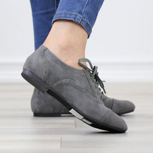 Gray Faux Suede Oxford Lace Up Brogue Detailing Low Heel - Picture 6 of 12